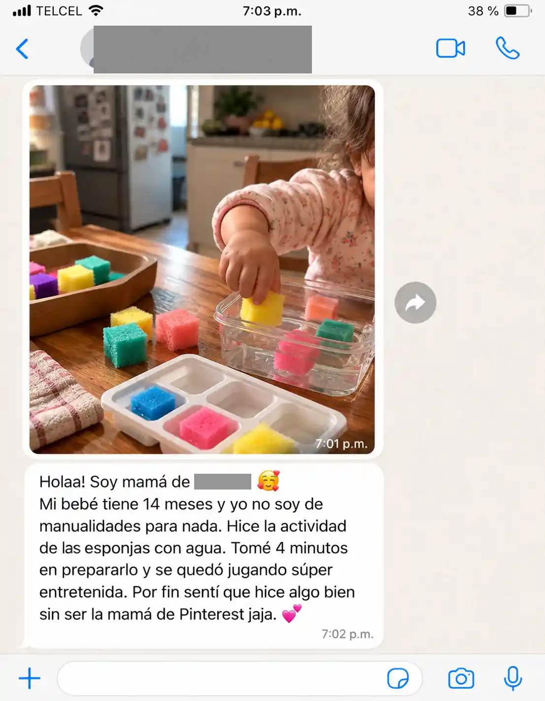 Captura de WhatsApp sobre esponjas y agua, con datos personales ocultos