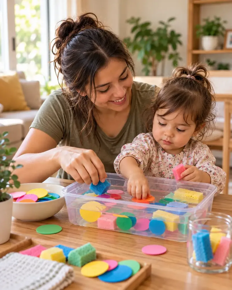 Mamá e hija haciendo juntas una actividad sensorial con agua, esponjas y figuras de colores en casa