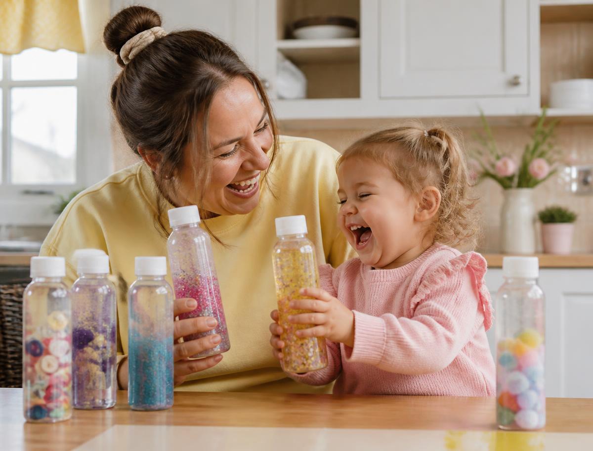 Mamá y bebé jugando con botellas sensoriales en la cocina